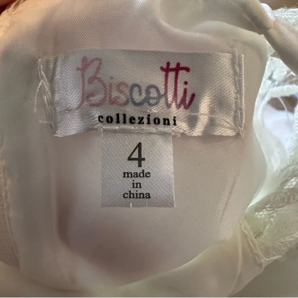 Biscotti Flower Girl White Dress with Lace Shoulders & Matching Bow Headband